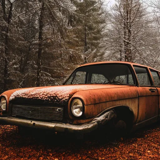 Prompt: rusty sedan in winter forest