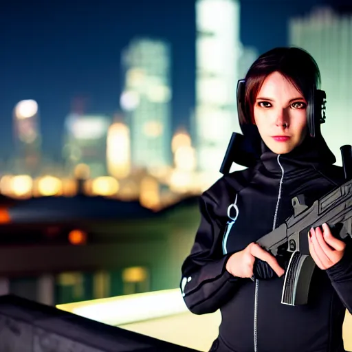 Prompt: photographic portrait of a 2d techwear woman holding a gun, closeup, on the rooftop of a futuristic city at night, sigma 85mm f/1.4, 4k, depth of field, high resolution, 4k, 8k, hd, full color