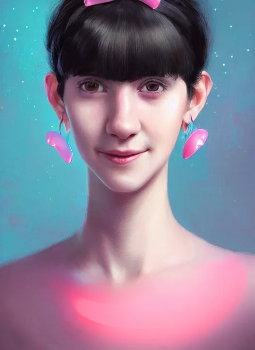 Image similar to portrait of teenage girl, realistic, black hair, bangs, half updo hairstyle, pointy nose, skinny, smile, ugly, defined jawline, big chin, pink hair bow, earrings, intricate, elegant, glowing lights, highly detailed, digital painting, artstation, sharp focus, illustration, art by wlop, mars ravelo and greg rutkowski