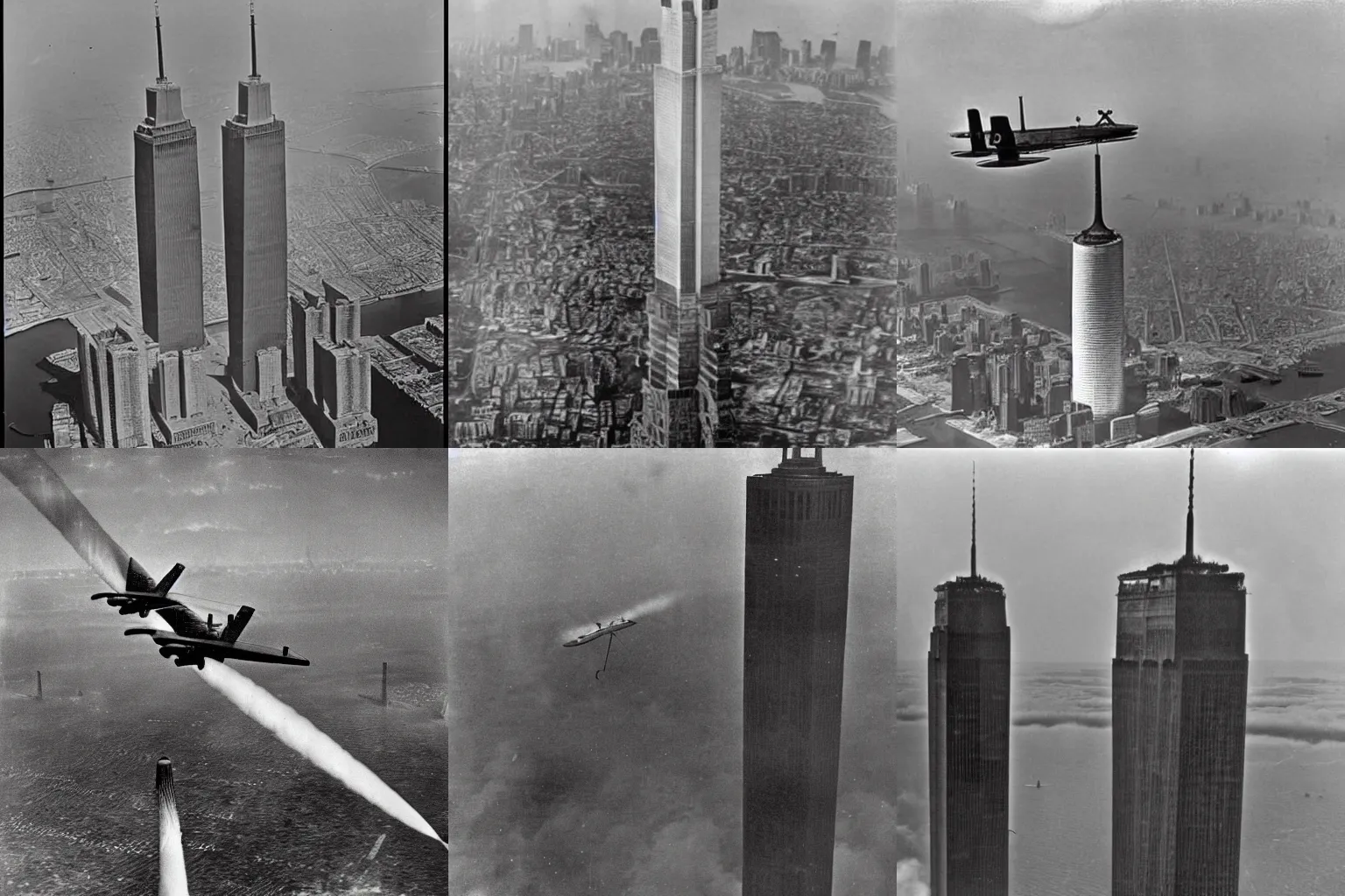 Prompt: the Wright brothers flying into the twin towers in 1940