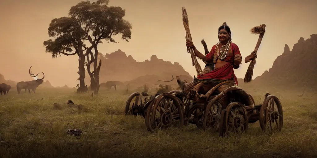 Image similar to photorealistic photo of an ancient indian tribesman on ancient atv with big wooden wheels, hunting panicked buffalo herd ,attacking, wild chase, action scene, an epic fantasy, dramatic lighting, cinematic, establishing shot, extremely high detail, photorealistic, cinematic lighting, artstation, octane render, by simon stalenhag, horizon forbidden west,old photo, high speed photography, vintage, extreme sports