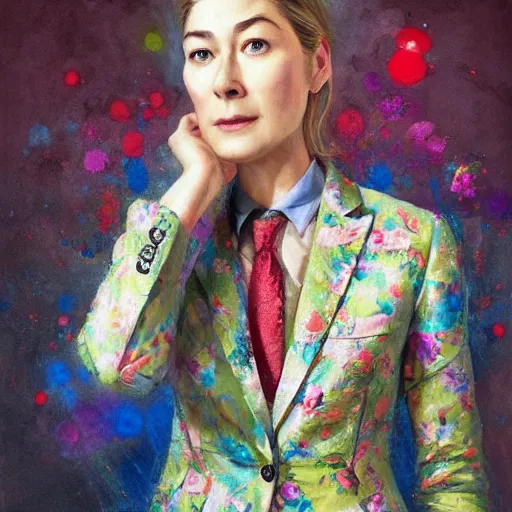 Image similar to rosamund pike as the doctor, dark - hair, wearing a colourful floral pattern suit, colourful, sharp focus, detailed face, artstation, art by jakub rozalski,