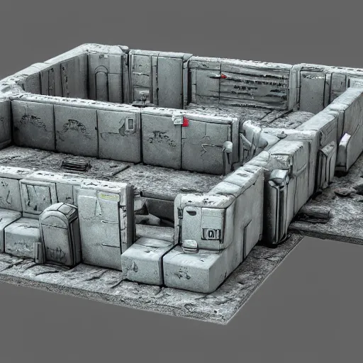 Image similar to 40k Tau empire bunker. Tao coalition. Greater good gromdark bunker. 3d printable wargaming terrain. High resolution render. CGSociety.