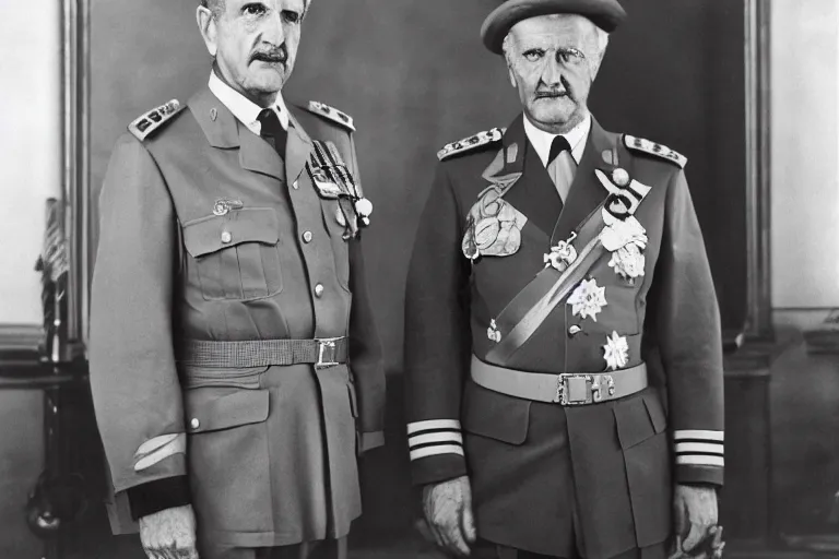 Image similar to portrait of juan carlos i with general franco, general, army, 1 9 3 7, spain, jose maria diaz casariego, bartolome ros, juan jose serrano, leica