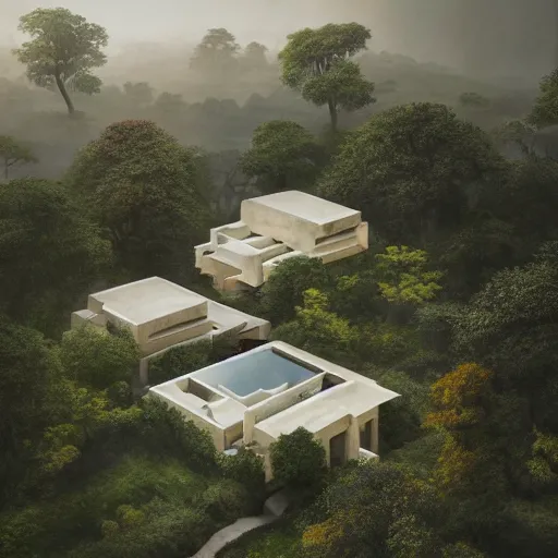 Image similar to beige rectangular house with big central garden, on a hill surrounded by big trees, dramatic lighting, artstation, matte painting, raphael lacoste, simon stalenhag, frank lloyd wright, zaha hadid, drone view