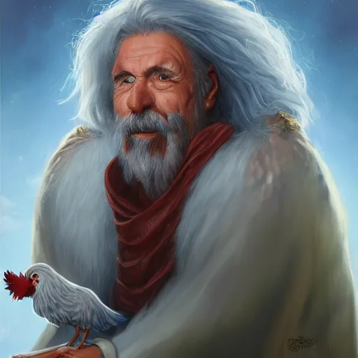 Prompt: a portrait of a wizard with his pet chicken by Tony Sart, confused facial expression, blue robe, long white beard, frizzy hair, ArtStation, realistic, detailed