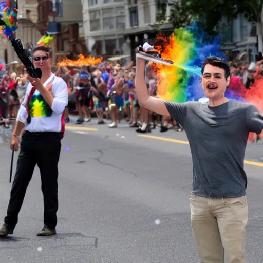 Image similar to Ben Shapiro with a flame thrower shooting it at a pride parade while laughing