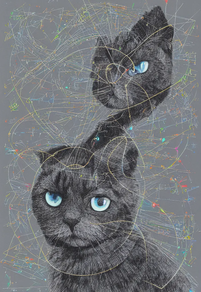 Image similar to cfa champion dark tortie scottish fold cat, stalkimg bird, data visualization perfect geometry bezier mathematical diagrams hologram overlay revealing sparrows flight trajectory calculation, detailed annotated painting, dark grisaille fluorescent color airbrush spraypaint accents, by jules julien, wes anderson, hannah af klint, black paper risograph 4 k