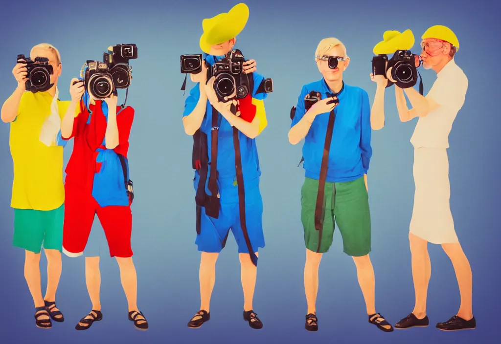 Image similar to full body portrait of a trio of european tourists with nikon cameras, various poses shooting photos, character designs painting, in the style of wes anderson, rene magritte, lola dupre, david hockney, isolated on white background, dark monochrome neon spraypaint accents volumetric octane render