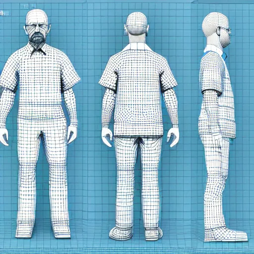 Prompt: 3 d modelling reference of walter white video game character. free download for artists. front and side view blueprint.