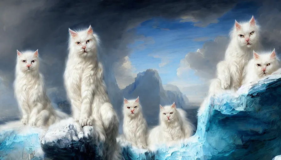 Image similar to highly detailed painting of white giant griffon cat bears with large feathered wings on a blue and white iceberg by william turner, by greg rutkowski, by william constable, thick brush strokes and visible paint layers, 4 k resolution