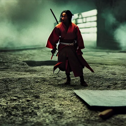 Image similar to cinematic film still of Lil’ Wayne starring as a Samurai holding fire, Japanese CGI, VFX, 2022, 40mm lens, shallow depth of field, film photography