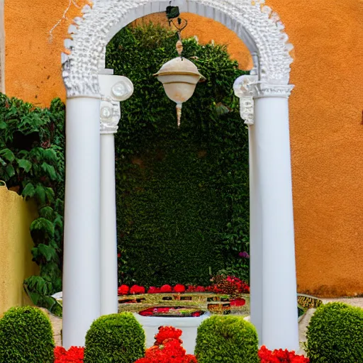 Image similar to surrealist andalusian patio with white tall arches, beautiful roses flowers and ropes on the walls, fountain inside, sunny vivid light, colorful composition, photographic details wide lens, intricate details