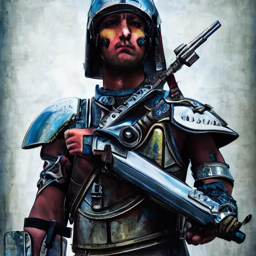 Image similar to portrait of a roman soldier wearing armor, cyberpunk rifle at his side, cinematic, painting