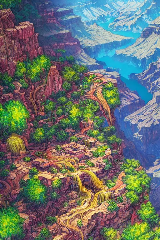 Prompt: landscape of waterfall in grand canyon neon colors, bird eye view, hyperdetailed illustration by kim jung gi, irakli nadar, intricate linework, bright colors, octopath traveler, final fantasy, unreal engine 5 highly rendered, global illumination, radiant light, detailed and intricate environment
