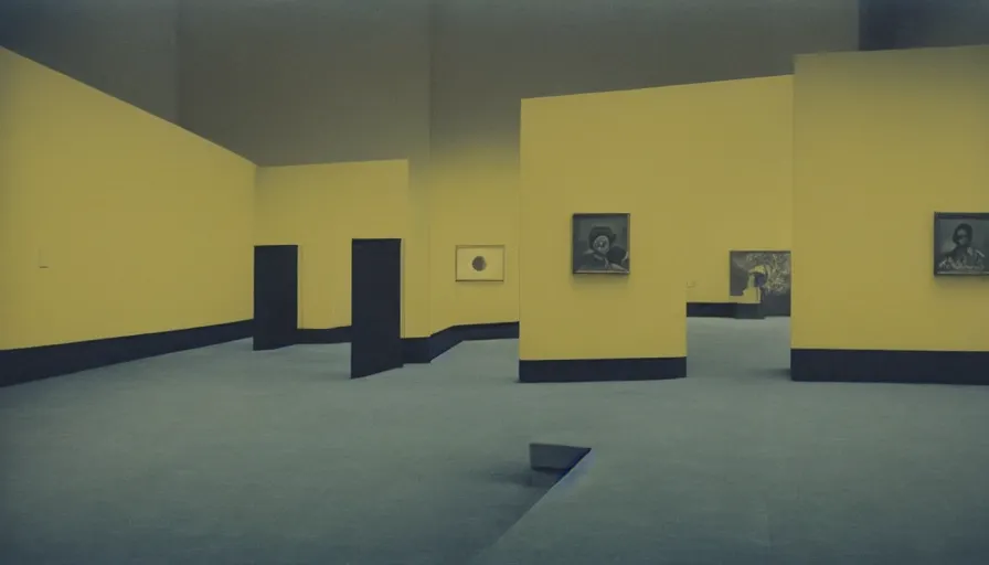 Image similar to 60s movie still of a sovietic stalinist style empty art museum with a soviet congress with yellow wall, by LOMOCHROME PURPLE FILM 100-400 35MM, liminal Space style, heavy grain