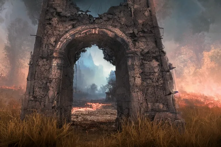 Image similar to An Abandoned, dilapidated portal to the fire realm, photorealistic, 4k, ultra detailed, cinematic lighting, fantasy, magic