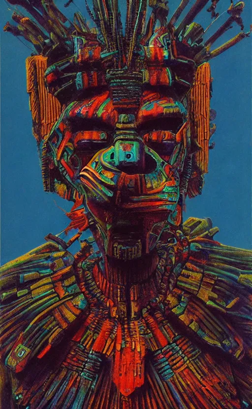 Image similar to portrait of mecha african tribal chief, symmetrical, dramatic lighting, colourful, god, art by zdzislaw beksinski,