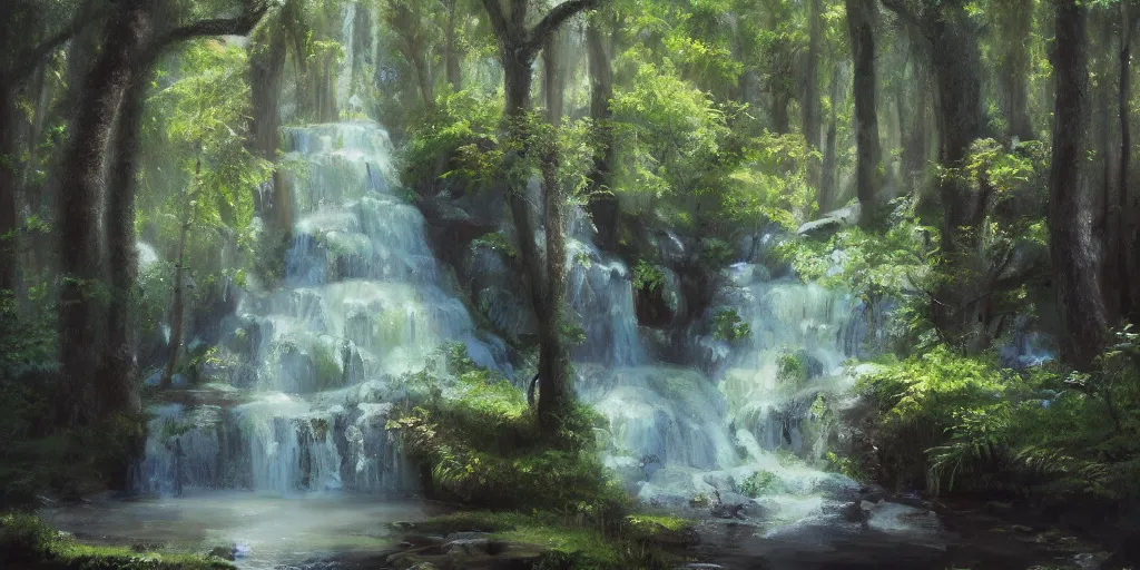 Image similar to a secret glade with waterfall, cinematic lighting, detailed oil painting, hyperrealistic, 8k