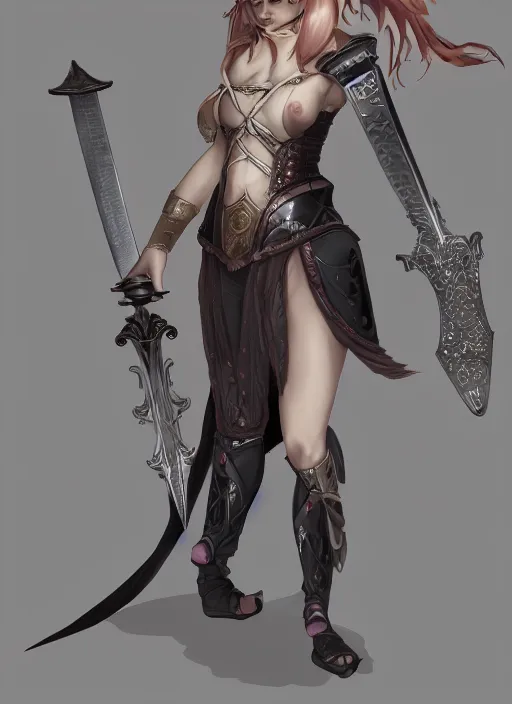 Image similar to full body portrait of a barefoot vampire swordswoman wearing heavy plate armor, real human feet, barefoot, two - handed sword, lithe, athletic, beautiful, enchanting, elegant, detailed, anatomically accurate, reasonable fantasy, good lighting, in the style of guweiz, z. w. gu on artstation, 4 k.