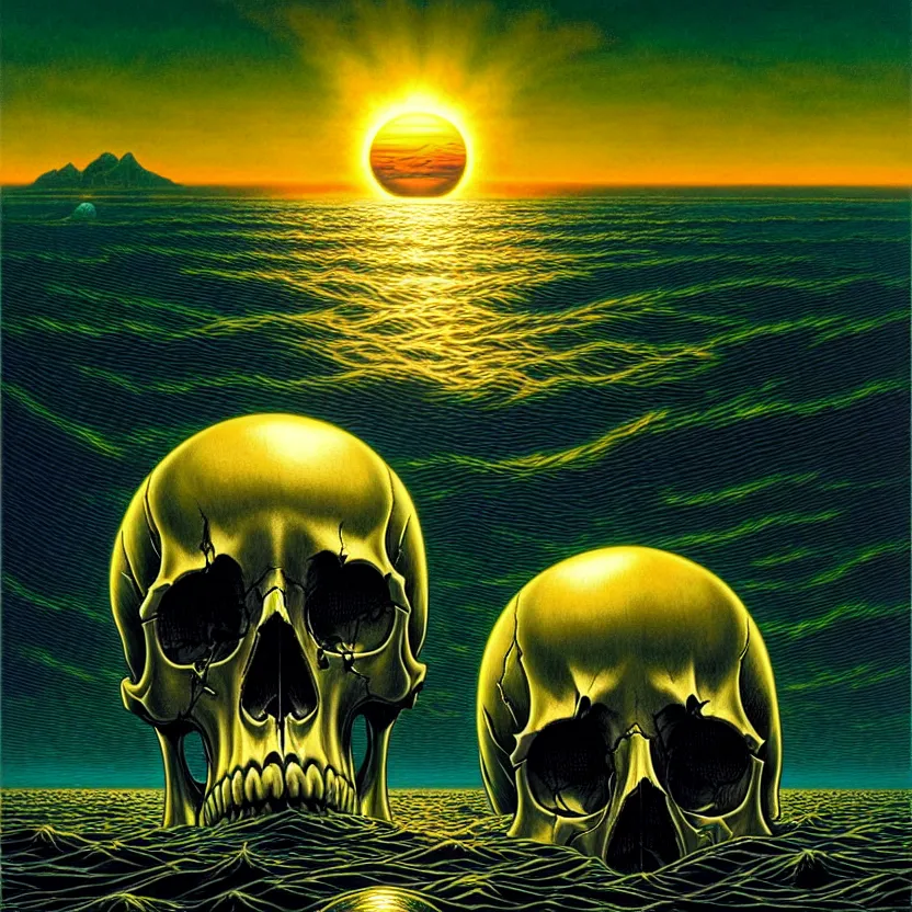 Prompt: a skull that is the sun rising just above the horizona over the sea by dan mumford and vladimir kush and donato giancola and ted withers and peter driben and brom and roberto ferri, green water, highly detailed, high contrast, intricate details, blended palette