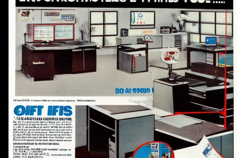 Prompt: a 1 9 8 5 electronics ad depicting an office in the style of andy zito