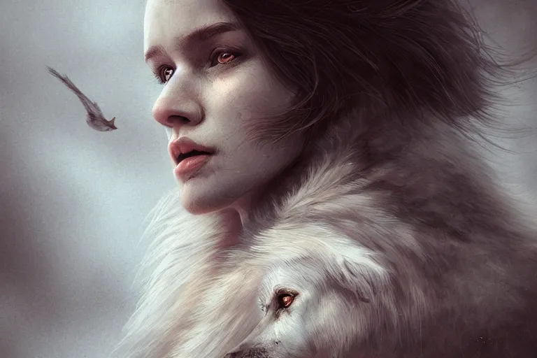 Prompt: woman living with wolves, highly detailed, photorealistic, reflections, smooth, sharp focus, concept art, illustration, beautiful, geometric, trending on artstation, cinematic, featured on behance , artwork by WLOP and Tran, Ross