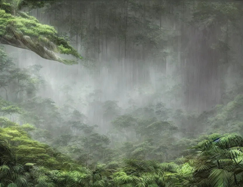 Image similar to a cinematic widescreen photo of ancient japanese temples in a misty bamboo cloud forest on a mountain by studio ghibli by roger dean, photorealistic, 7 0 mm, concept art