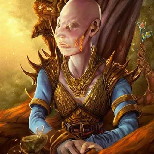 Image similar to 8k highly detailed fantasy illustration by Anato Finnstark of a female giantess character from Dungeons and Dragons, she has pale blue skin!!!, bald shaved head!!!, dressed like a warrior monk, she is seated in a crowded tavern drinking large mugs of mead, she has white eyes!!!, gambling with friends-g