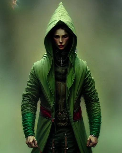 Image similar to portrait Green hooded jacket coat Beefy muscular fit Hunter elf, long-haired By greg rutkowski, tom bagshaw, beksinski