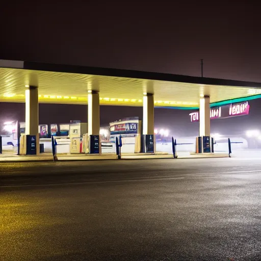 Image similar to a convenience store at a gas station in the dark and misty night, observed from afar in the fog, 4 k, hdr 1 0