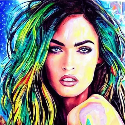 Image similar to “Megan Fox acid paints paintings, ultra detailed portrait, 4k resolution”