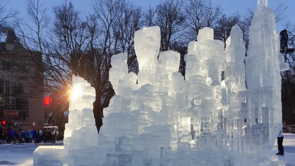 Prompt: a giant ice sculpture of a super hero, people are ice skating around it.