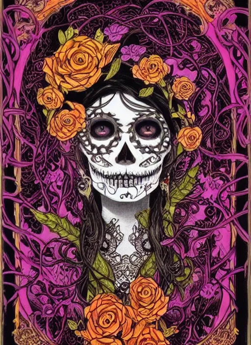 Prompt: Beautiful La Catrina wrapped in vines + black paper + elements + red + purple + gold + neon + baroque + rococo + white + orange+ ink + tarot card with ornate border + marc Simonetti, paul pope, peter mohrbacher, Alfonse Mucha detailed, intricate ink