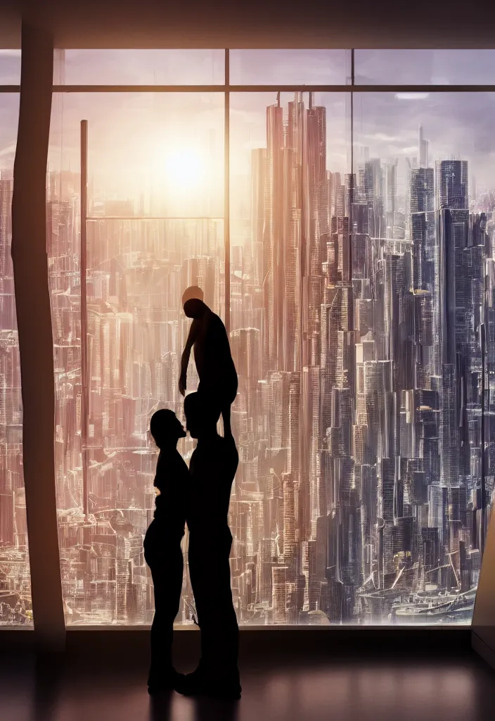 Prompt: silhouette of hugging couple in a futuristic appartment, window with a futuristic city, rossdraws, global illumination, radiant light, detailed and intricate environment