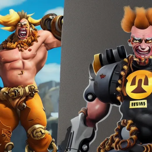 Image similar to a screenshot of junkrat arnold schwarzenegger as junkrat in overwatch