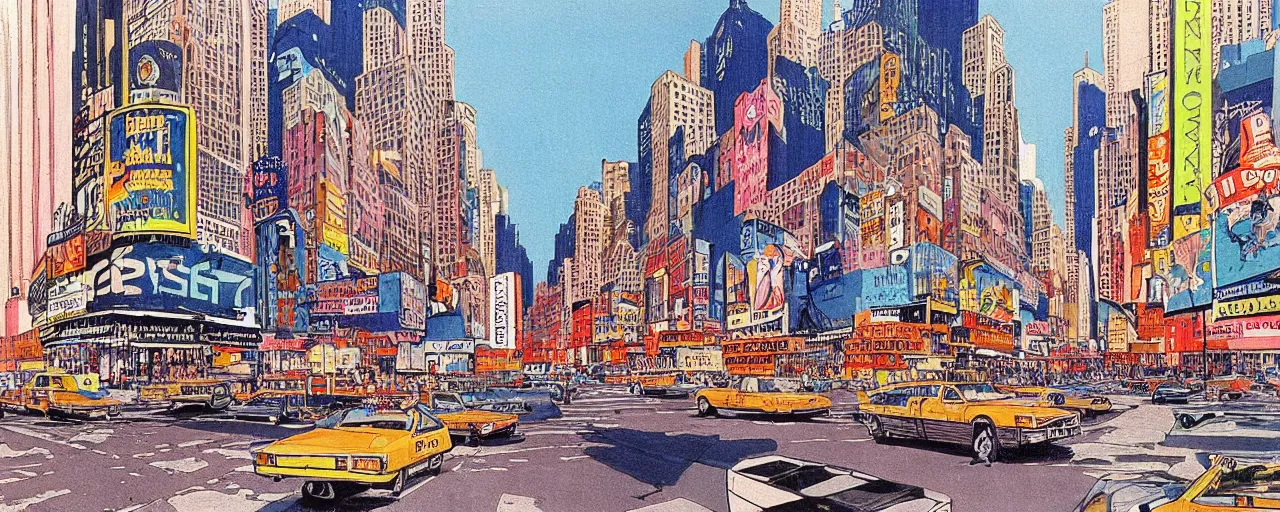 Prompt: a 2D drawing of new York in 1980s, colorful and beautiful by hiroshi yoshida