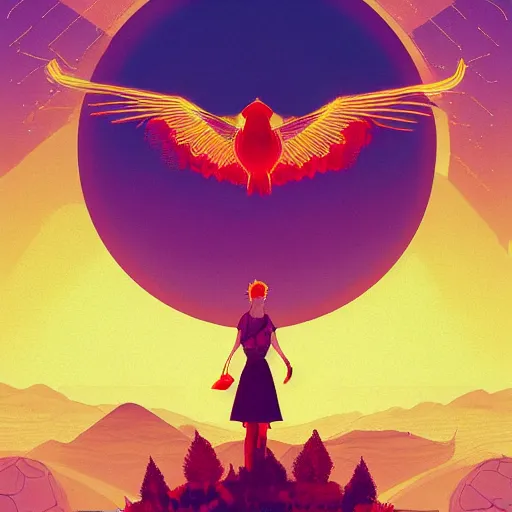 Image similar to optimism, the solarpunk phoenix, red bird, ornate egg, regeneration, landscape, epic composition, volumetric light, bokeh, digital painting by ilya kuvshinov and by gauthier leblanc