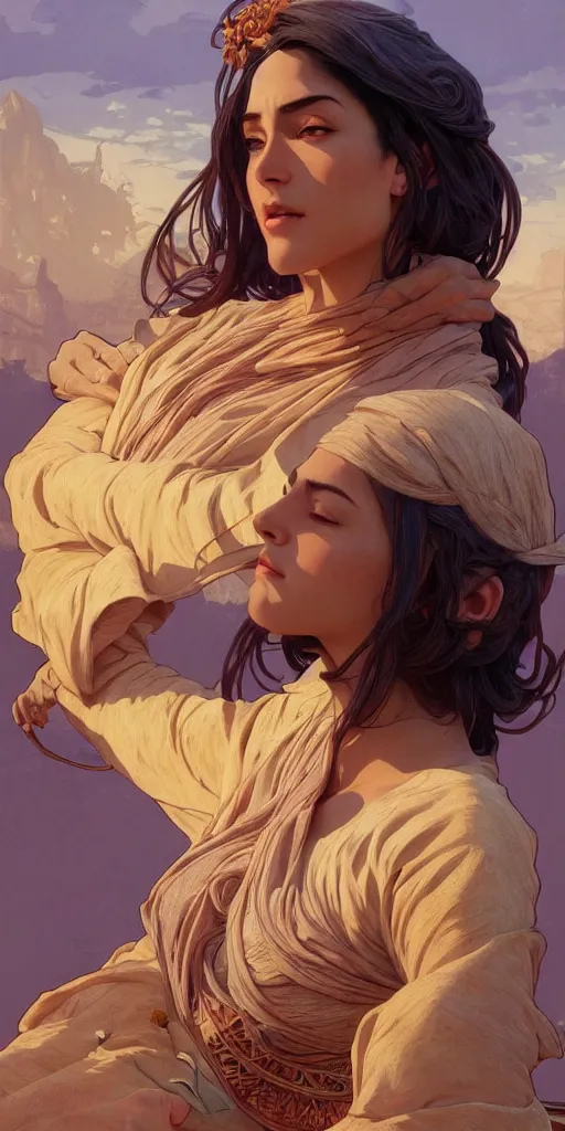 Prompt: charismatic female character, ancient, sand, indigo, intricate, highly detailed, digital painting, artstation, concept art, smooth, sharp focus, illustration, Unreal Engine 5, 8K, art by artgerm and greg rutkowski and alphonse mucha, by Jesper Ejsing, by RHADS, Makoto Shinkai and Lois van baarle, ilya kuvshinov, rossdraws