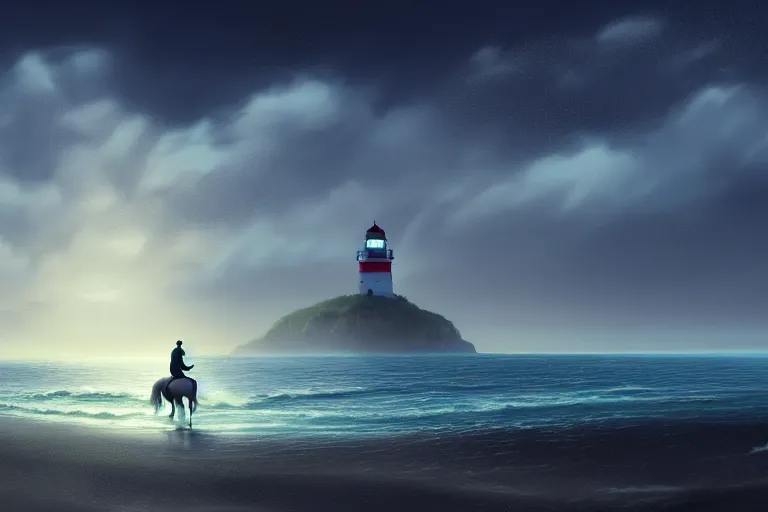 Prompt: photo of man riding a horse along the beach, glowing underwater waves toward a lighthouse in the distance guiding his way, silhouette, wide horizon, large white clouds, flying birds, night, intricate, elegant, highly detailed, digital painting, artstation, concept art, smooth, sharp focus, illustration, art by artgerm and greg rutkowski and fra angelico