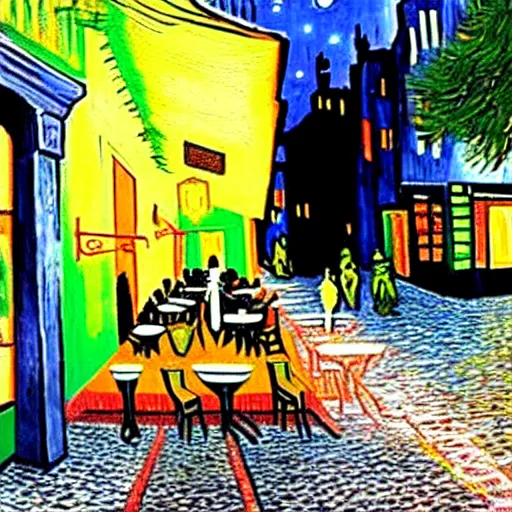 Image similar to Cyberpunk Cafe Terrace at night by Vincent Van Gogh in real life