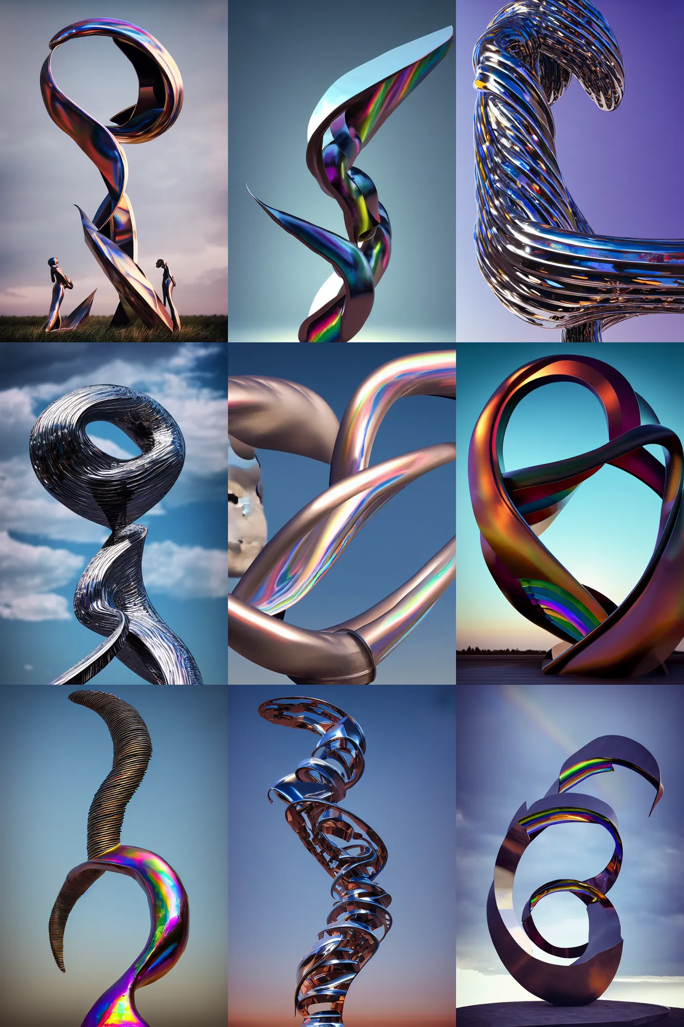 Image similar to metal curved circular sculpture with gestural forms and human parts mixed together into a monumental artwork, lifting up towards heaven, rainbow crystal reflections, style of jack storms, anthony howe, octane render, 4 k