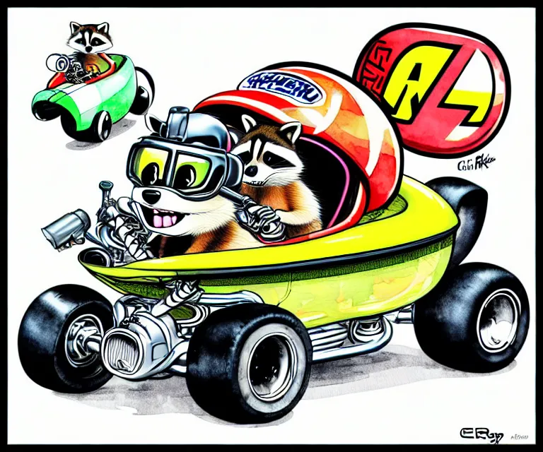 Prompt: cute and funny, racoon wearing a helmet riding in a tiny top fuel dragster funny car, ratfink style by ed roth, centered award winning watercolor pen illustration, isometric illustration by chihiro iwasaki, edited by range murata