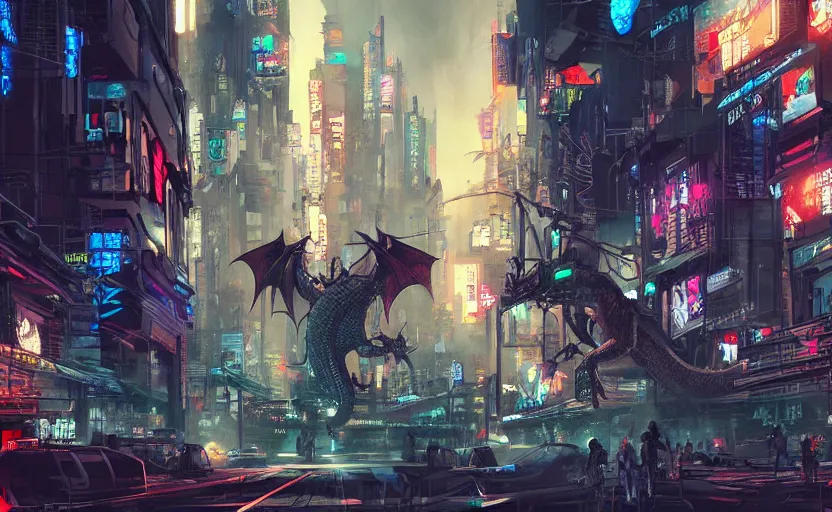 Image similar to A dragon in a cyberpunk city with cyborgs and humans looking in amazement, illustration, artstation, detailed