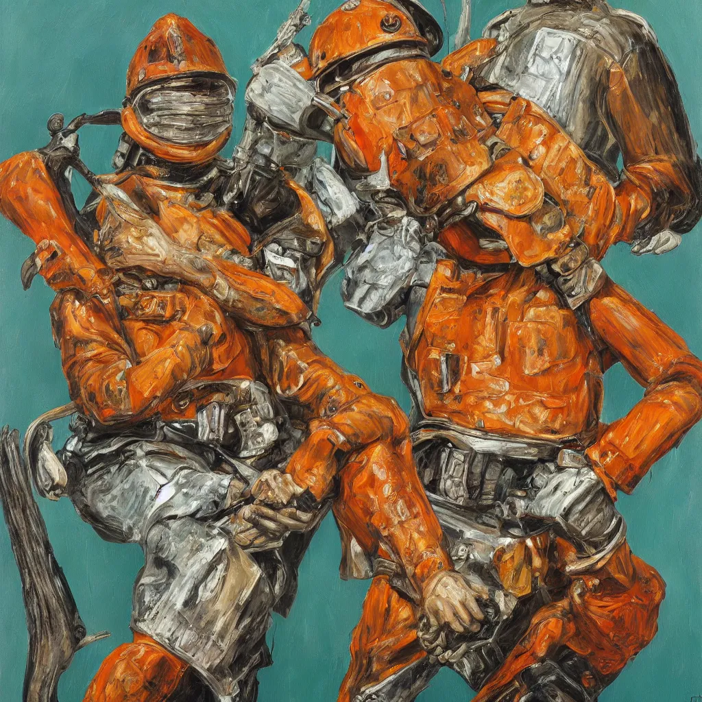 Prompt: high quality high detail painting by lucian freud, jenny savile, portrait of fire trooper, turquoise, hd