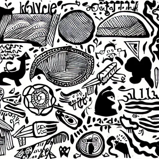 Image similar to black and white composition of a variety of doodles, drawings, faces, symbols, cartoons, lineart, cave drawing, silhouette, tattoo, chinese ink brush