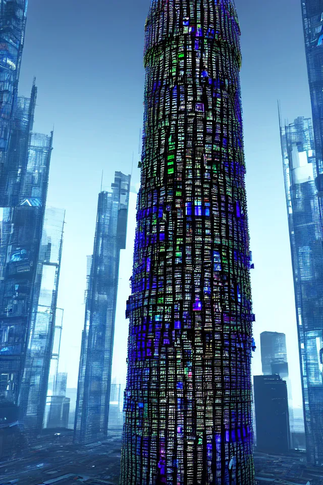 Image similar to cyberpunk tower made out of billions of stacked computer screens