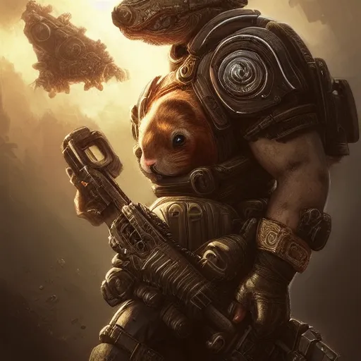 Prompt: cute little anthropomorphic Guinea Pig in Gears of War cover art, ultra wide lens shot , tiny, small, short, cute and adorable, pretty, beautiful, DnD character art portrait, matte fantasy painting, DeviantArt Artstation, by Jason Felix by Steve Argyle by Tyler Jacobson by Peter Mohrbacher, cinematic lighting