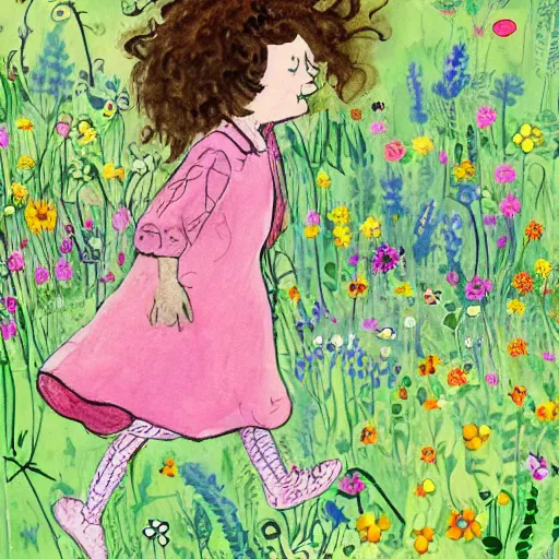 Prompt: a little girl with curly brown hair running through a field of flowers, children's book illustration by quentin blake