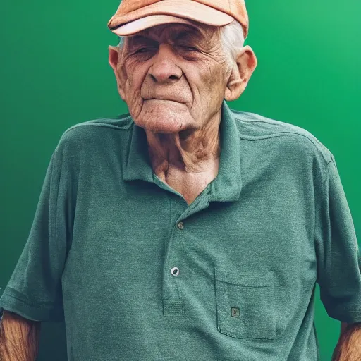 Prompt: old man wearing green shirt, blue cap, white hairs